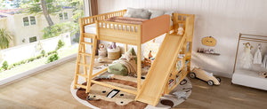 English Elm Full Size Kids Loft Bed Pine Frame Upholstered Headboard Built in Slide and Storage Shelves Natural W1580S00306