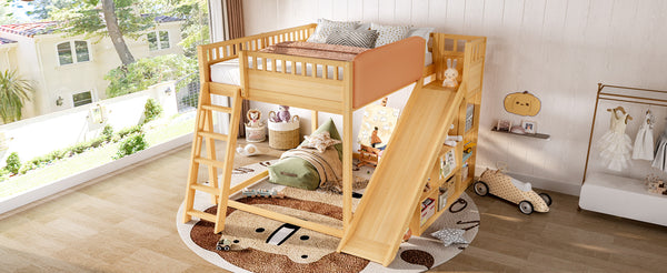 English Elm Full Size Kids Loft Bed Pine Frame Upholstered Headboard Built in Slide and Storage Shelves Natural W1580S00639