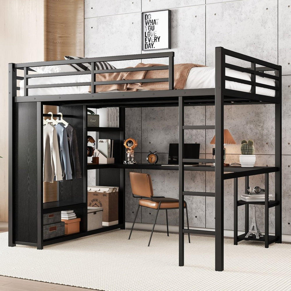 English Elm Queen Size Loft Bed Frame With Integrated Wardrobe, Desk & Shelves - Space-Saving Black Design W1580S00105-GIGA