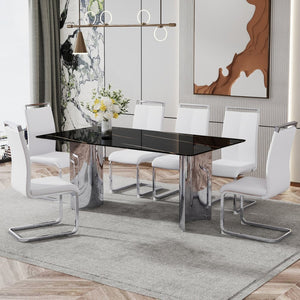 English Elm Table Set With Glass Top & 6 Stylish White Pu Chairs - Modern Dining Elegance For Family Gatherings W1151S02599-GIGA