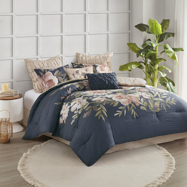 English Elm 8 Madison Park Camillia Cotton Comforter Set Navy Cal King Floral Blush Reversible OEKO-TEX Certified B035128844