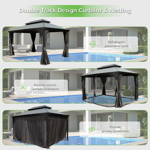 English Elm 10'x14' Hardtop Gazebo Dual Roof Steel Frame Permanent Outdoor Patio Pavilion W1859S00185