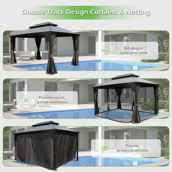 English Elm 10'x14' Hardtop Gazebo Dual Roof Steel Frame Permanent Outdoor Patio Pavilion W1859S00185