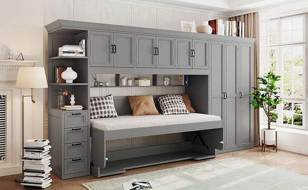 English Elm Twin Murphy Wall Bed with Integrated Desk Wardrobe and Storage Cabinet in White LP000767AAE