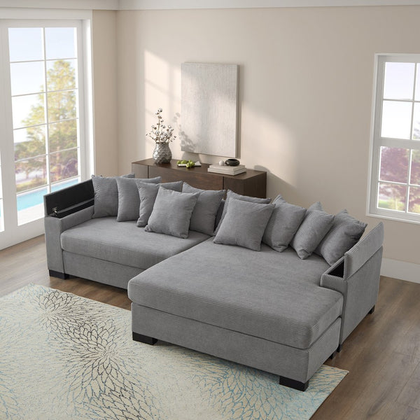 English Elm 111" Corduroy L-Shape Sectional Sofa with Convertible Chaise, Arm Storage, Reversible Cushions, Grey - Durable Solid Wood Frame, 900lb Capacity W1097S00159