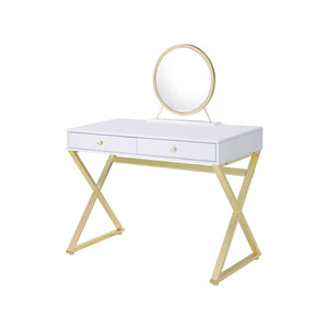 English Elm Coleen Elegant Walnut Vanity Desk with Mirror, Metal Frame, 2 Drawers & Jewelry Tray for Glam Makeup Gloss White,Gold 48.8 L x 23.25 W x 8 H B2726P315740