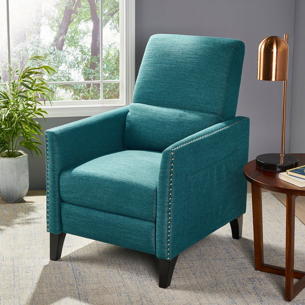 English Elm Pushback Recliner Accent Chair Solid Birch Frame Rivet Detail Mid-century Living Room Seat Teal 65532.00T