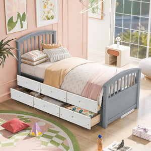 English Elm Twin Platform Bed Solid Pine Frame Six Drawer Storage Clean Modern Bedroom Design N719S000121S