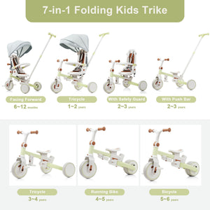 English Elm 7 in 1 Convertible Toddler Trike Aluminum Foldable Push Bike with Canopy for Ages 1 to 6 Green N726P248345L