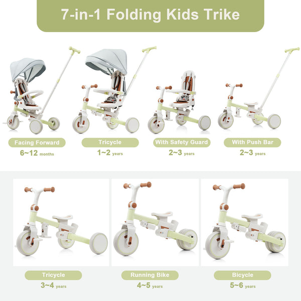 English Elm 7 in 1 Convertible Toddler Trike Aluminum Foldable Push Bike with Canopy for Ages 1 to 6 Green N726P248345L