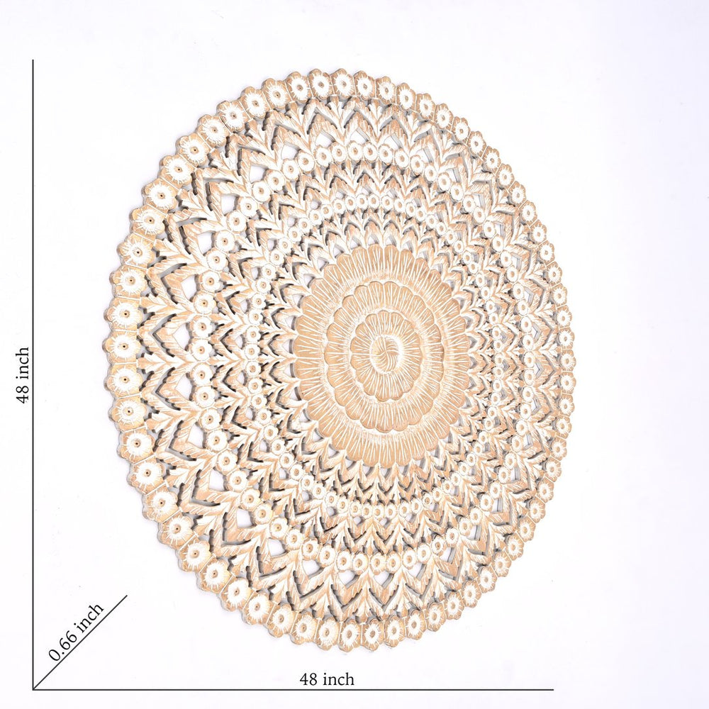 English Elm Wooden Hand Carved Mandala Medallion Floral Round Wall Art Whitewashed Gold Accent B346P353974