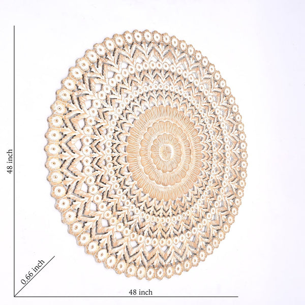 English Elm Wooden Hand Carved Mandala Medallion Floral Round Wall Art Whitewashed Gold Accent B346P353974