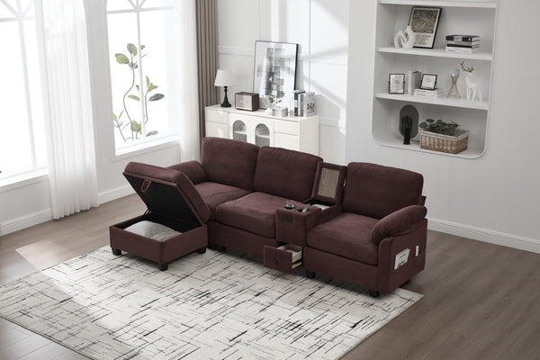 English Elm United L-Shaped Multifunctional Corduroy Sofa: 4-Seater With Usb Ports, Cup Holders & Storage Solutions W1568S00220-GIGA