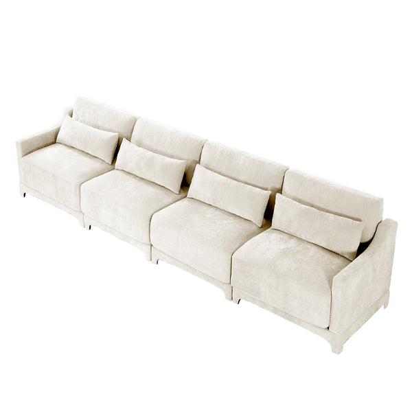 English Elm Four-Seater Chenille Sofa - Ergonomic Design, Solid Wood Frame, Lumbar Pillows, Stylish Beige Comfort W714S01200
