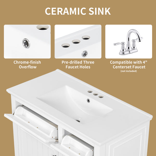 English Elm 36 Inch Bathroom Vanity - Modern Ceramic Sink, Solid Wood Frame, Adjustable Storage & Soft-Close Doors N725P336554K