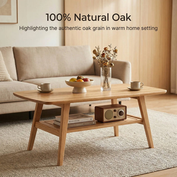 English Elm Mid Century Modern Solid Oak Two Tier Coffee Table with Open Shelf for Living Room Wood W3204P469106