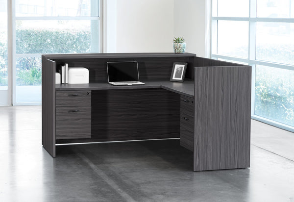 OSP Home Furnishings Napa Reception Station Compact Front Desk Workstation with Integrated Storage for Lobbies NAPSGW-TYP19