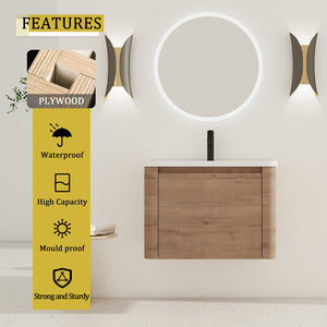 English Elm 52'' Wall-Mounted Vanity with White Ceramic Sink, Soft-Close Door, Plywood Shelves & Rounded Edges Imitative Oak W999S00431