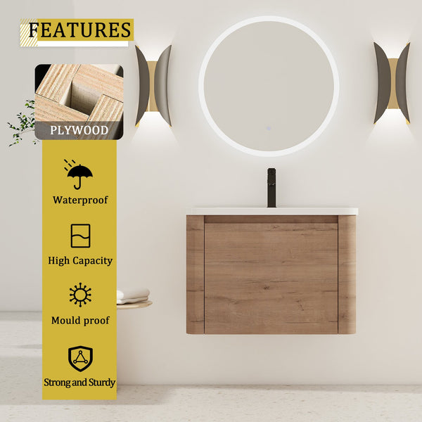 English Elm 52'' Wall-Mounted Vanity with White Ceramic Sink, Soft-Close Door, Plywood Shelves & Rounded Edges Imitative Oak W999S00431