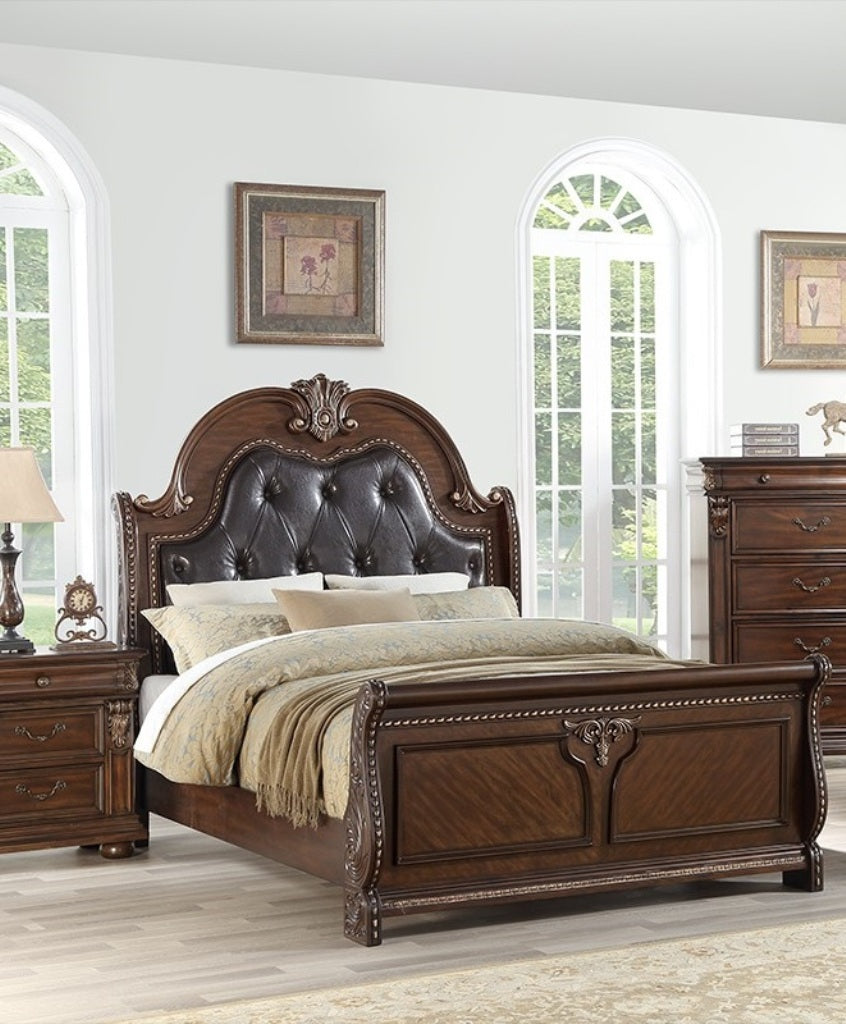 English Elm Traditional California King Bed Carved Faux Leather Tufted Headboard Dark Brown Frame B011S02131