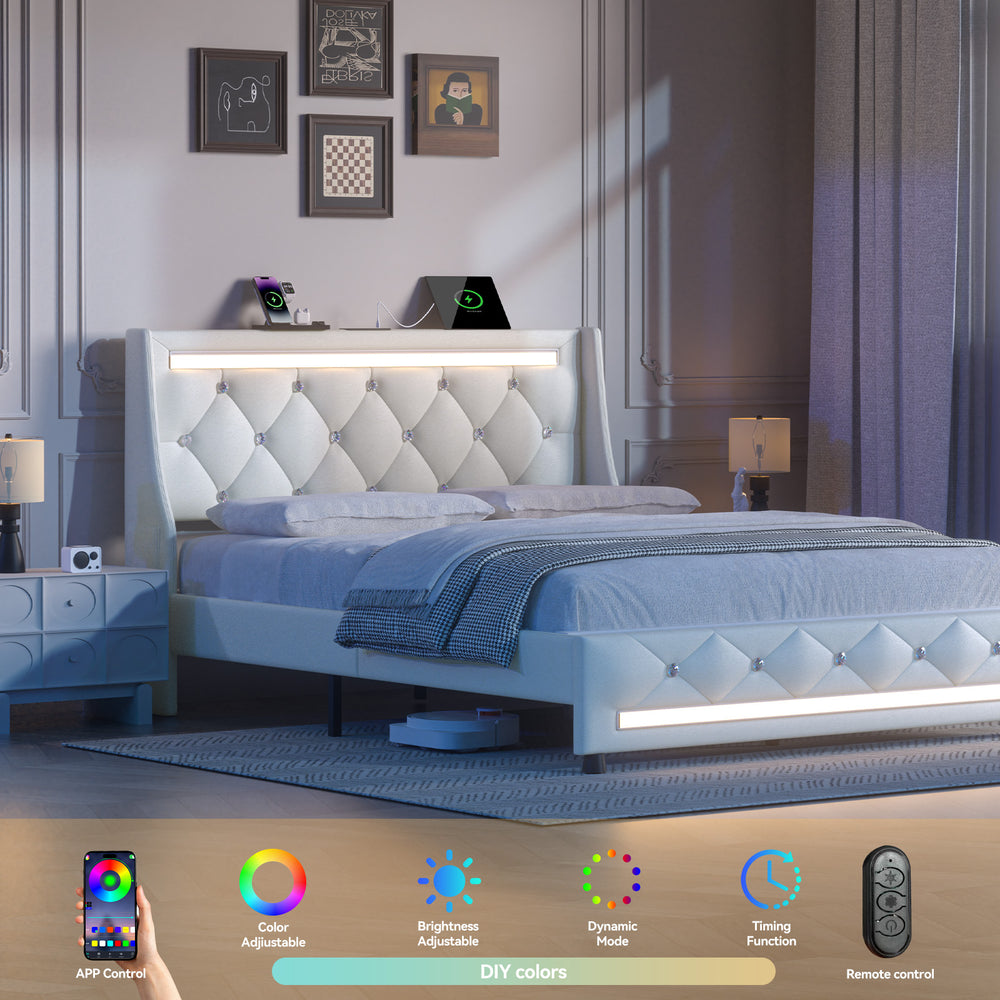 English Elm Full Bed Frame with Headboard and RGB LED Lighting, Built-In Charging Station, Silent Slats Support White T3825P387414