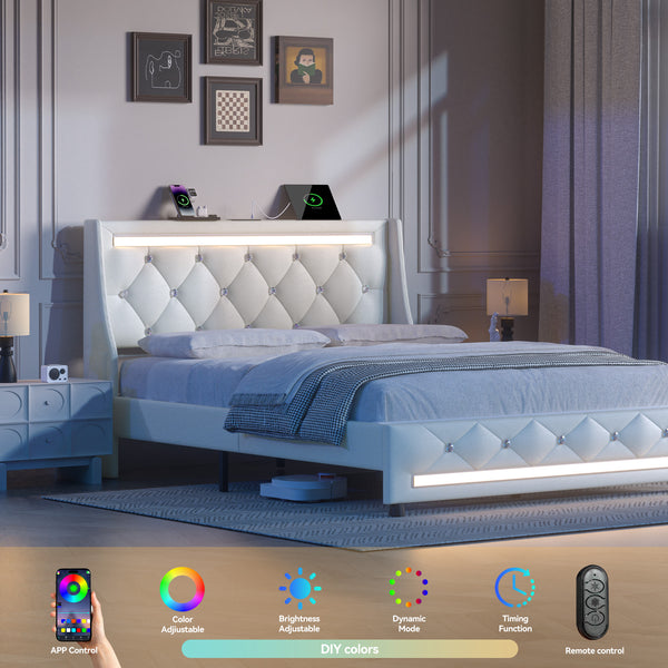 English Elm Full Bed Frame with Headboard and RGB LED Lighting, Built-In Charging Station, Silent Slats Support White T3825P387414