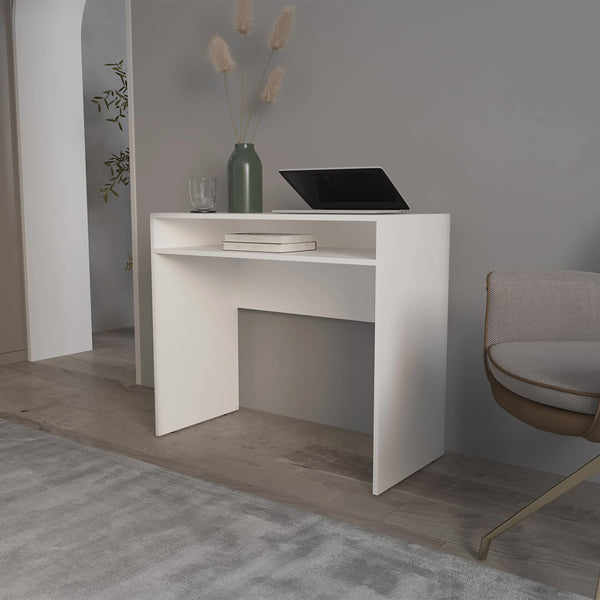 English Elm White Sleek Office Desk with Built-In Storage Shelf and Keyboard Tray, Durable Melamine Finish for Workspaces B062P230647