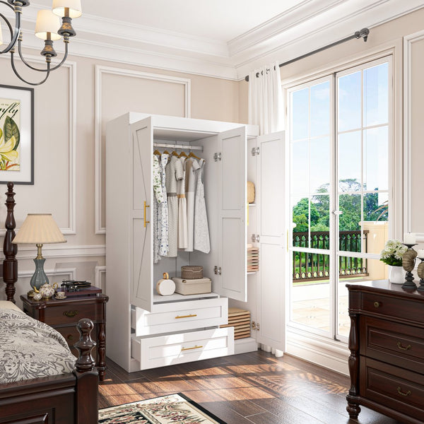 English Elm Shaker Three Door Wardrobe Armoire with Hanging Rod and Shelves for Bedroom White T3210S00005