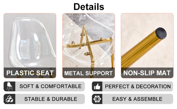 English Elm Table Modern 5-Piece Set: Circular Tempered Glass Dining Table With 4 Transparent Chairs & Gold Legs W1151S02864-GIGA