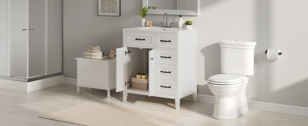 English Elm [video] 30 Inch Freestanding Bathroom Vanity White Mdf Pine Legs Ceramic Sink Soft Close N759P394442K