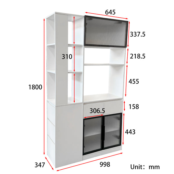 English Elm 70.87"h Tall Storage Cabinet Glass Panel Doors Asymmetric Drawers Modern Hallway Organizer W331S00204