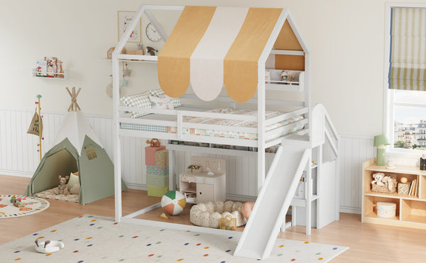 English Elm Full Size Wood Loft Bed with Canopy Slide and Built in Bookshelves for Kids White N7090005021K