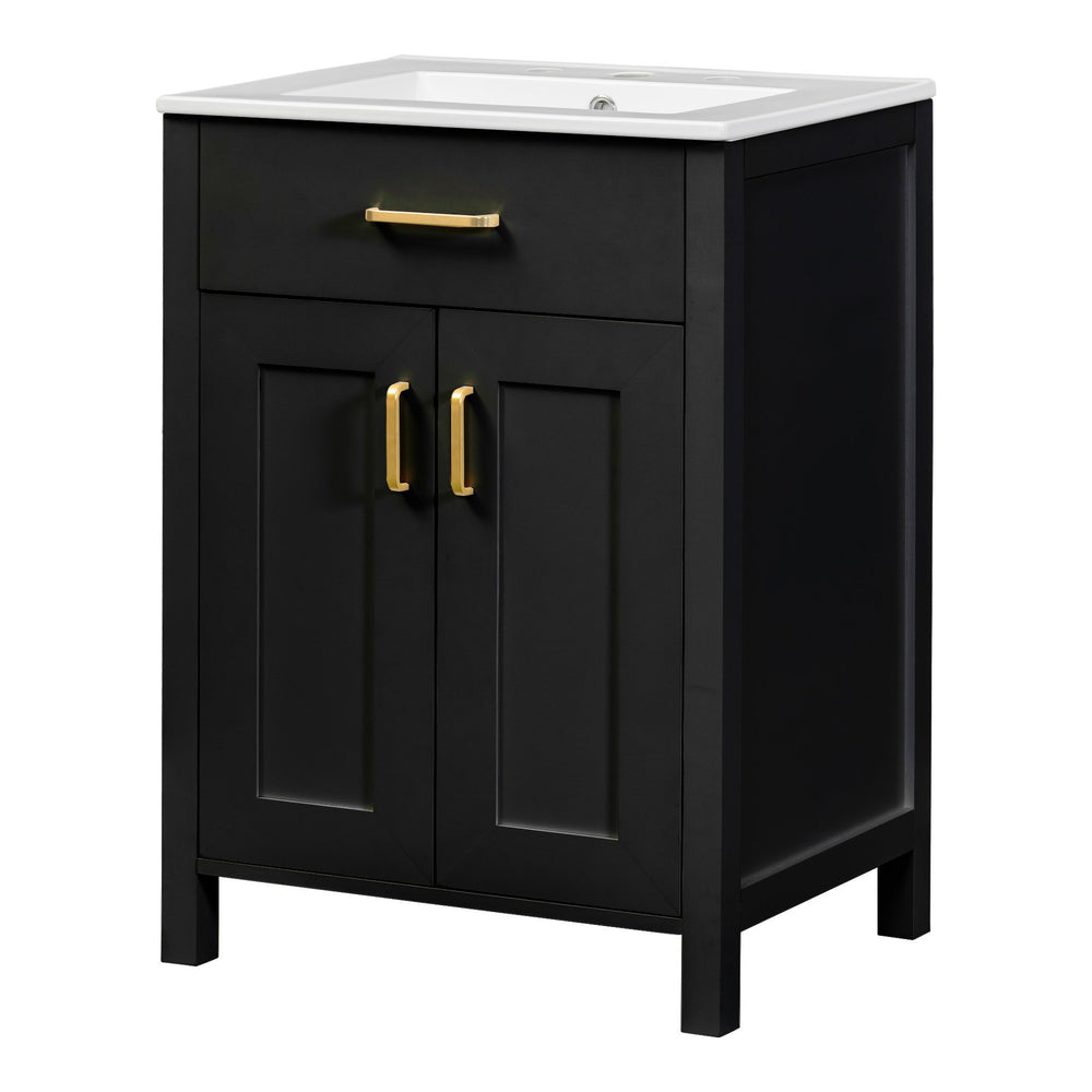 English Elm 24"Bathroom Luxurious Space-Saving Vanity with Ceramic Sink, Solid Wood Frame, Soft-Close Doors and Storage Black N729P183716B