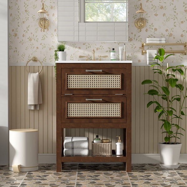 English Elm 24" Rattan Front Bathroom Vanity with Ceramic Sink Deep Drawer Storage Mdf Cabinet Dark Brown N710P293990P