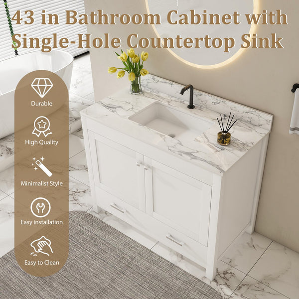 English Elm Modern 43" Bathroom Vanity With Durable Carrara White Top, Stylish Storage, And Soft-Closing Drawers W509S00142