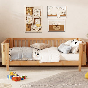 English Elm Twin Solid Wood Platform Bed for Kids with Safety Rail Rust‑Resistant Sturdy Pine Frame, 250lb Capacity Natural 69.48 L x 17.91 W x 7.48 H W2593P190150