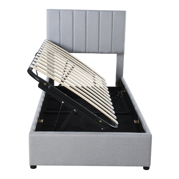 English Elm Twin Upholstered Hydraulic Storage Bed with Vertical Stripe Headboard, Space-Saving Modern Platform Gray SF000185AAE