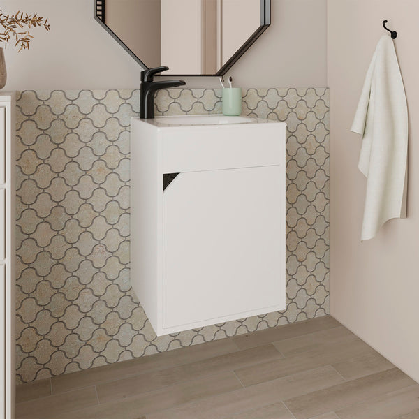 English Elm FM Wall-Mounted Belle Bathroom Vanity with Built-In Sink, Floating Design, Soft-Close Door, Sleek Storage Solution White 26 L x 19 W x 11 H B128P335851