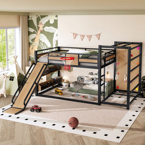 English Elm Twin Metal Loft Bed with Slide Basketball Hoop Climbing Wall and Built-in Shelves W1580S00632