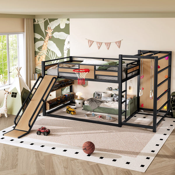 English Elm Twin Metal Loft Bed with Slide Basketball Hoop Climbing Wall and Built-in Shelves W1580S00632