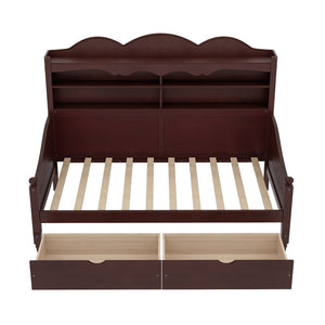 English Elm Twin Daybed Retro Wood Frame with Under Bed Drawers and Headboard Shelving Espresso N733S415358P