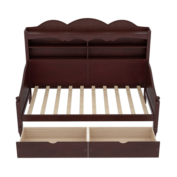 English Elm Twin Daybed Retro Wood Frame with Under Bed Drawers and Headboard Shelving Espresso N733S415358P