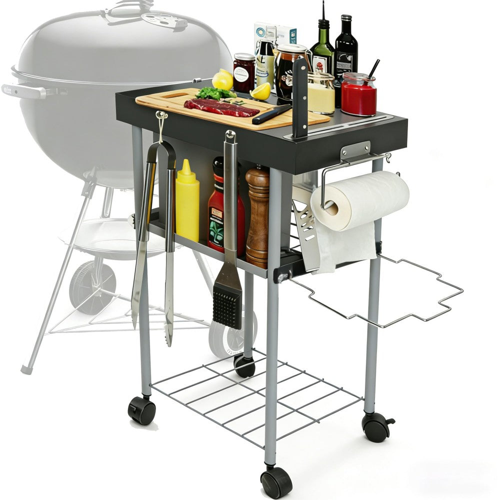English Elm Rolling Outdoor Grill Cart with Three Shelves Powder Coated Steel Weber Kettle Compatible W2181P481702