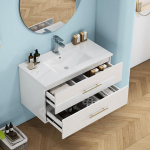 English Elm 36-Inch Modern Wall-Mounted Bathroom Vanity With Ceramic Sink, Gold Handle, Easy Installation & Storage W3151S00055