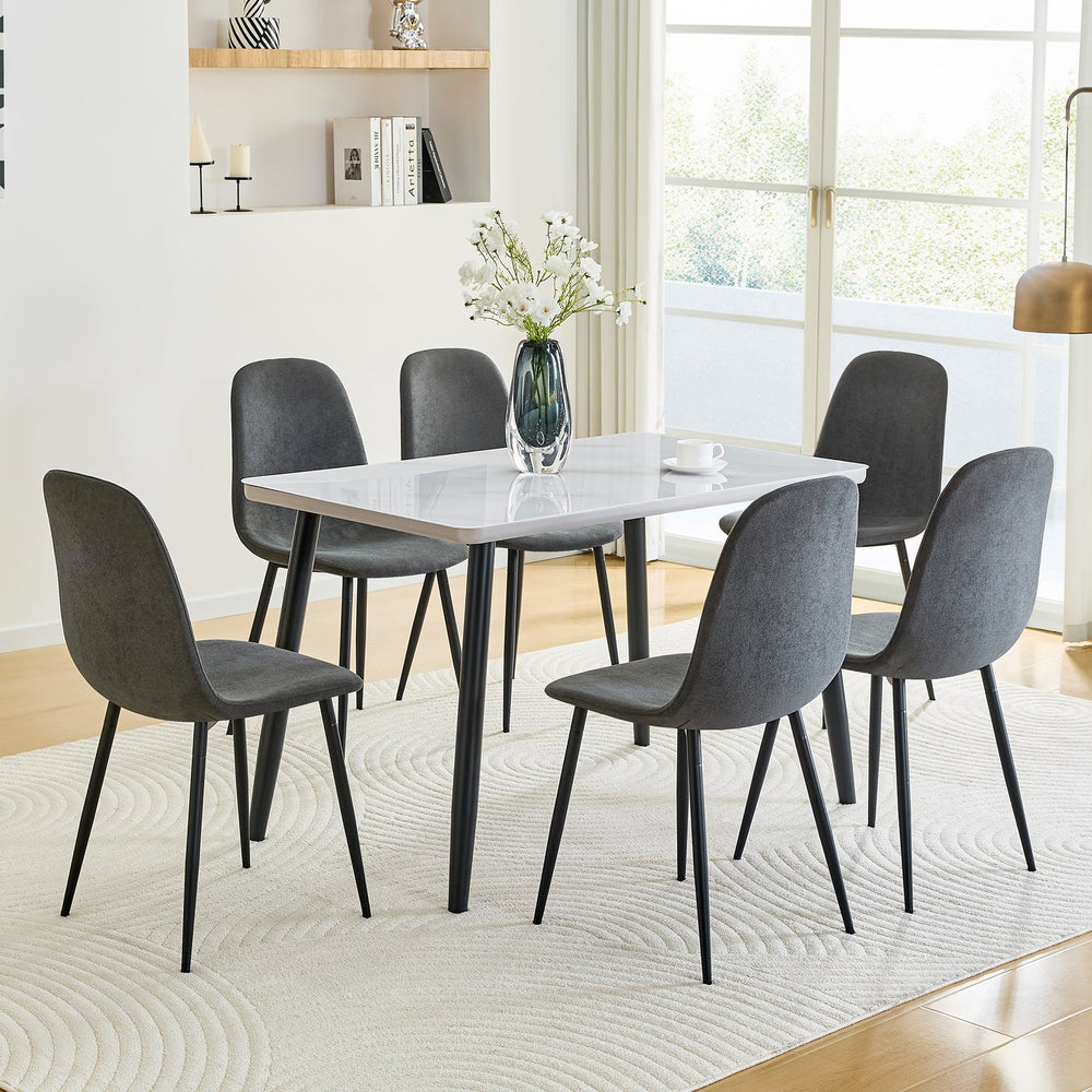 English Elm Table and Chair Set Marble Look Glass Top Modern Dining for Six with Gray Linen Seats W1151S04625