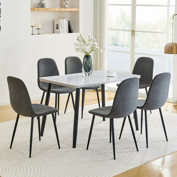 English Elm Table and Chair Set Marble Look Glass Top Modern Dining for Six with Gray Linen Seats W1151S04625