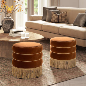 English Elm Jennifer Taylor Home - Edward 17.5" Round Upholstered Ottoman with Bullion Fringe — Vintage Luxe Seat, Footrest & Accent Piece Burnt Orange B2719P320842
