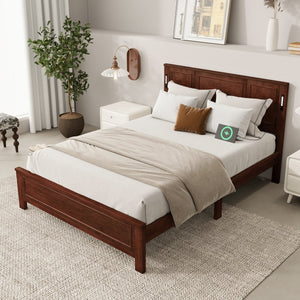 English Elm Queen Pinewood Platform Bed Farmhouse Tall Panel Headboard with Led Lighting and Usb Ports Walnut W504P391092