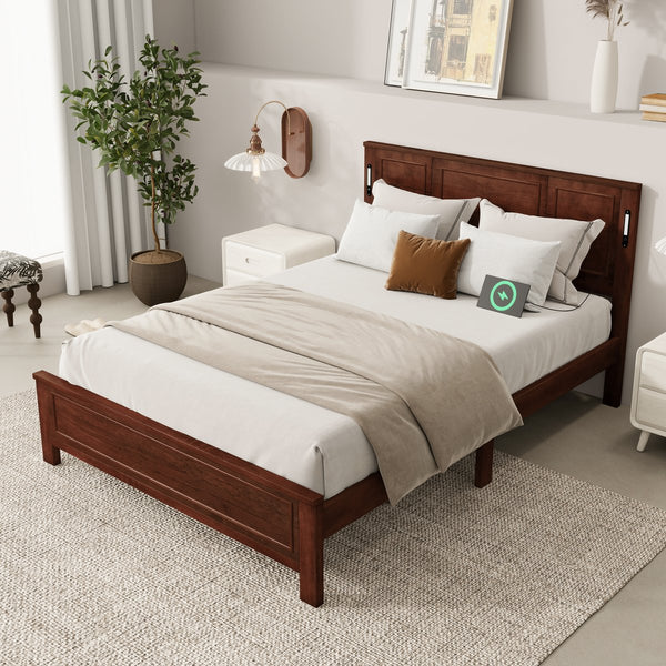 English Elm Queen Pinewood Platform Bed Farmhouse Tall Panel Headboard with Led Lighting and Usb Ports Walnut W504P391092
