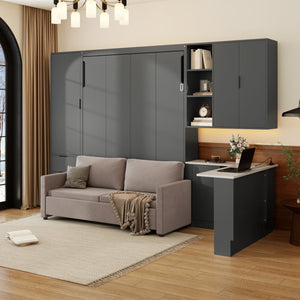 English Elm Queen Murphy Wall Bed Hydraulic Lift Velvet Sofa Built-in Shelves Led Studio Unit Dark Gray LP000392AAE